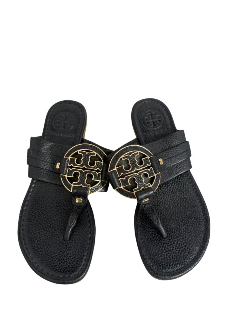 Tory Burch Miller Black Leather Thong Sandals Size 6M Gold Logo Accent